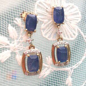 Genuine Burmese Blue Sapphire & White Zircon 9K Gold Earrings Natural Untreated